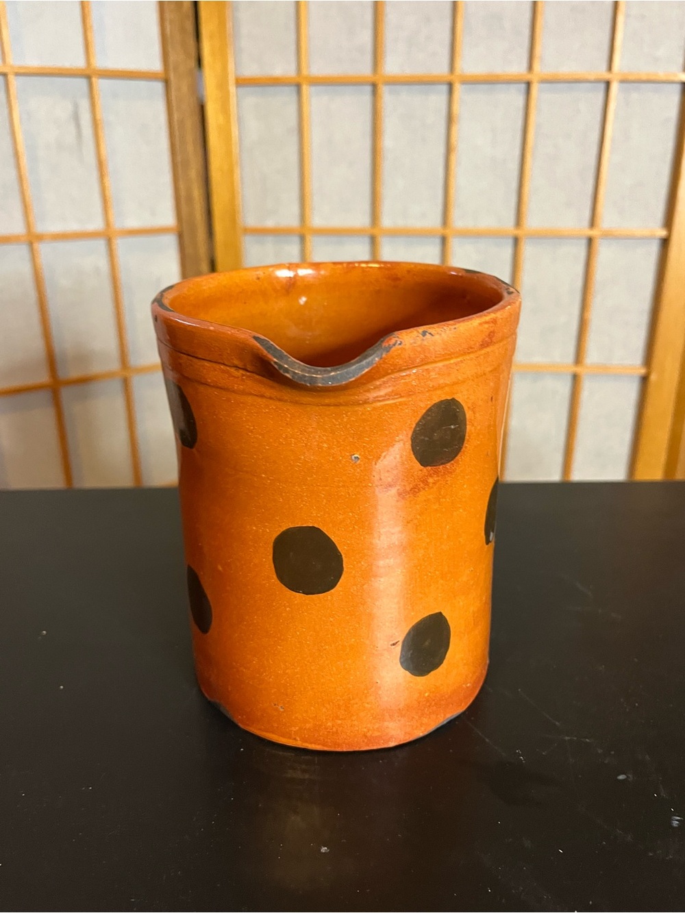 Handmade redware pottery pitcher Y2K Shooner? polka dots 5.5" - Picture 2 of 7